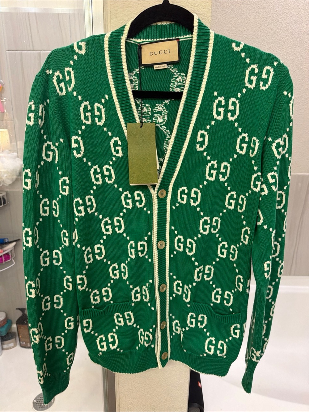 Gucci Green and White GG Logo Cotton Cardigan
